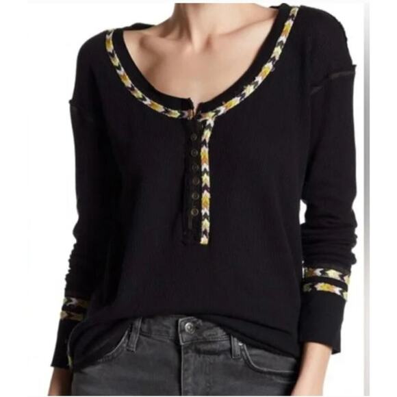 Free People Thermal Shirt Black Waffle Knit Embroidered Y2K Henley Top Size XS - Picture 3 of 13